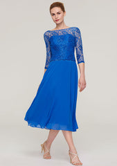 Tea-Length Chiffon Mother of the Bride Dress with Beading Lace, 3/4 Sleeve Bateau A-line