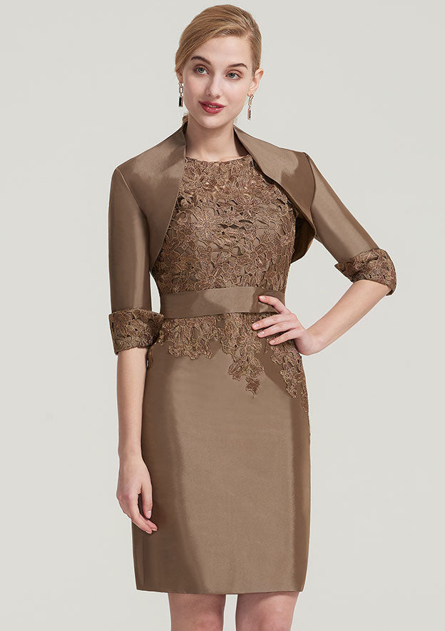 Knee-Length Taffeta Mother of the Bride Dress with Jacket Waistband Appliqued, Short Sleeve Bateau Sheath/Column