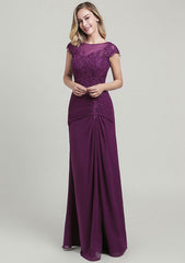 Sheath/Column Long/Floor-Length Chiffon Mother of the Bride Dress with Split Appliqued Pleated Sequins, Short Sleeve Bateau