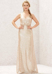 V Neck Sleeveless Sheath/Column Sequined Bridesmaid Dress with Pleats, Floor-Length