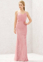 V Neck Sleeveless Sheath/Column Lace Bridesmaid Dress with Pleats and Sequins, Floor-Length