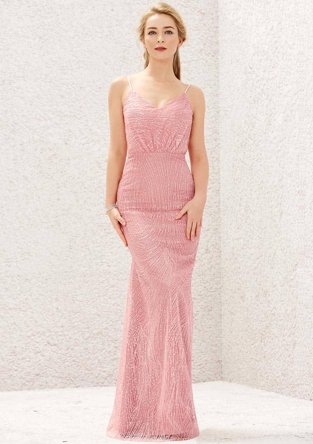 V Neck Sleeveless Sheath/Column Lace Bridesmaid Dress with Pleats and Sequins, Floor-Length