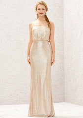 Square Neckline Sleeveless Sheath/Column Sequined Bridesmaid Dress with Pleats, Floor-Length