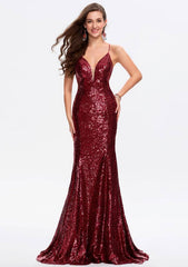 Trumpet/Mermaid V Neck Sleeveless Sequined Sweep Train Prom Dress