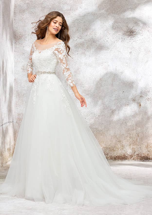 Illusion Neck Full/Long Sleeve Chapel Train Tulle Wedding Dress with Waistband Lace Beading Appliques, Ball Gown