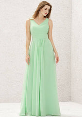 V Neck Sleeveless A-line Chiffon Bridesmaid Dress with Pleats, Floor-Length