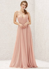 V Neck Sleeveless A-line Chiffon Bridesmaid Dress with Lace and Pleats, Floor-Length