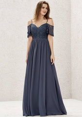 Sweetheart Short Sleeve A-line Lace Chiffon Bridesmaid Dress with Pleats, Floor-Length