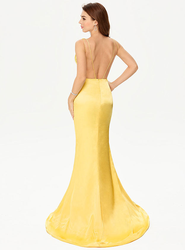 V Neck Sleeveless Trumpet/Mermaid Charmeuse Prom Dress with Pleats, Court Train