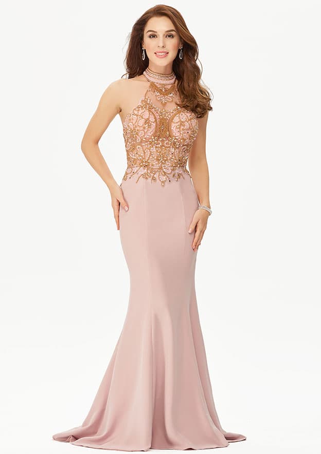 Halter Sleeveless Trumpet/Mermaid Stretch Crepe Prom Dress with Beading and Rhinestones, Sweep Train
