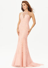 Trumpet/Mermaid Scalloped Neck Sleeveless Lace Tulle Satin Sweep Train Prom Dress