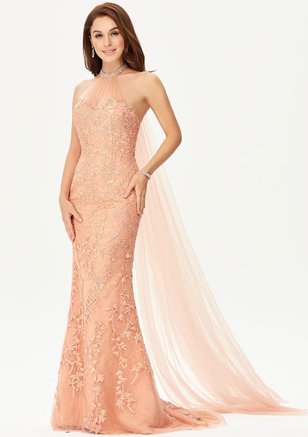 Trumpet/Mermaid Halter Sleeveless Lace Satin Tulle Watteau Train Prom Dress With Beading