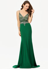 Trumpet/Mermaid V Neck Sleeveless Jersey Court Train Prom Dress With Appliqued Beading Sequins