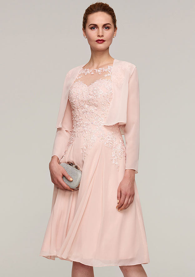 Knee-Length Chiffon Mother of the Bride Dress with Jacket Appliqued Beading, Sleeveless Bateau A-line