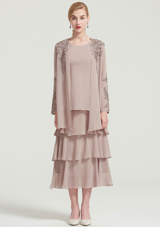 Tea-Length Chiffon Mother of the Bride Dress with Jacket Ruffles Appliqued, Sleeveless Scoop Neck A-line