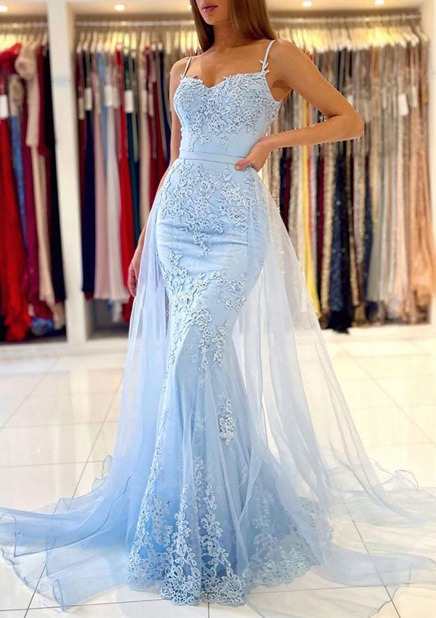 Spaghetti Straps Trumpet/Mermaid Lace Tulle Prom Dress with Waistband and Court Train