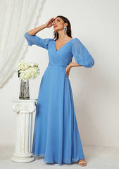 A-Line V-Neck Half Sleeve Floor-Length Chiffon Mother of the Bride Dress with Pleats