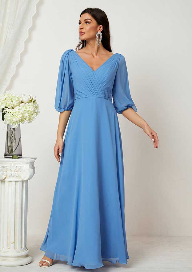 A-line V Neck Long/Floor-Length Chiffon Mother of the Bride Dress with Pleated, Half Sleeve