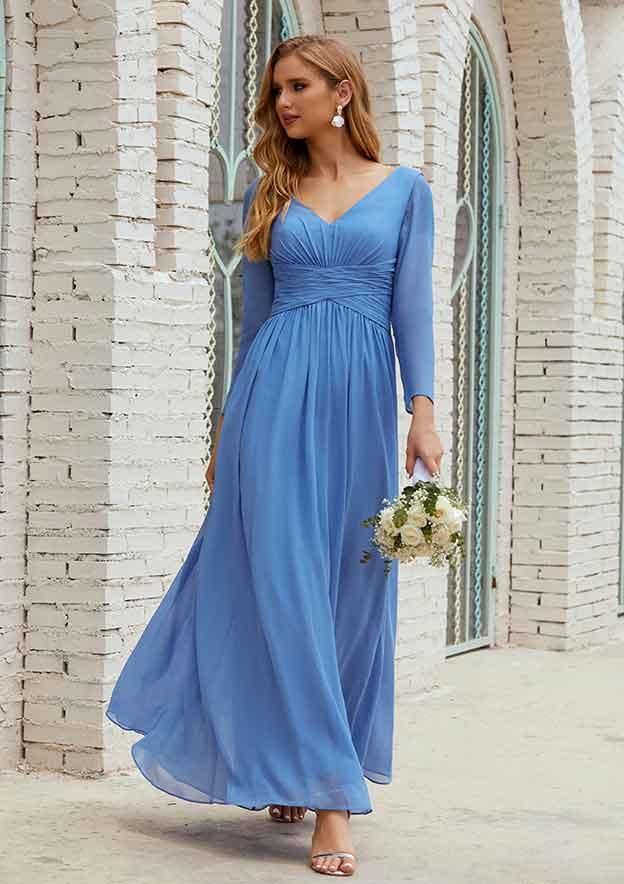 Ankle-Length Chiffon Mother of the Bride Dress with Pleated, Full/Long Sleeve V Neck A-line