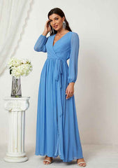 A-line V Neck Full/Long Sleeve Chiffon Long/Floor-Length Mother of the Bride Dress