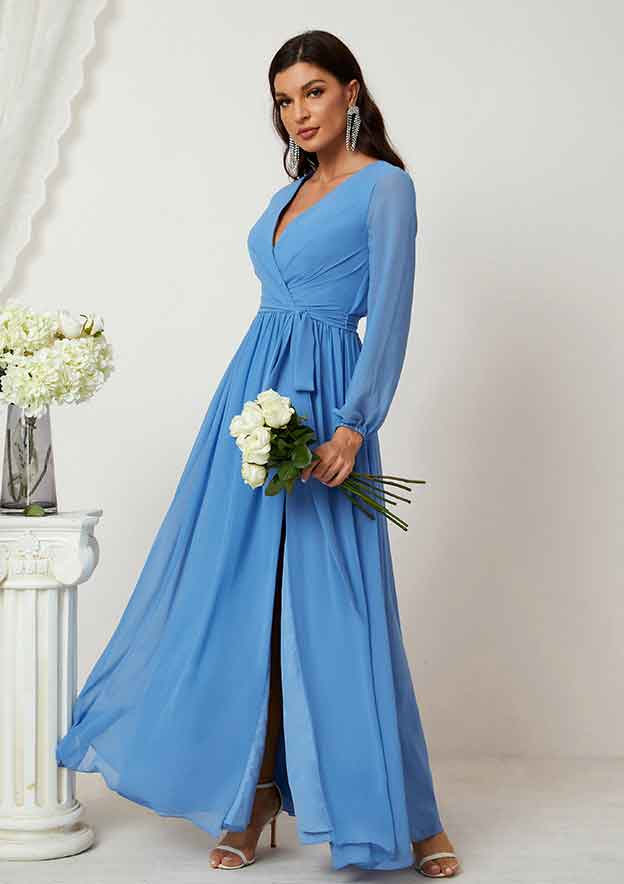 A-line V Neck Full/Long Sleeve Chiffon Long/Floor-Length Mother of the Bride Dress