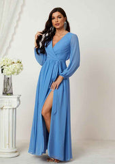 A-line V Neck Full/Long Sleeve Chiffon Long/Floor-Length Mother of the Bride Dress