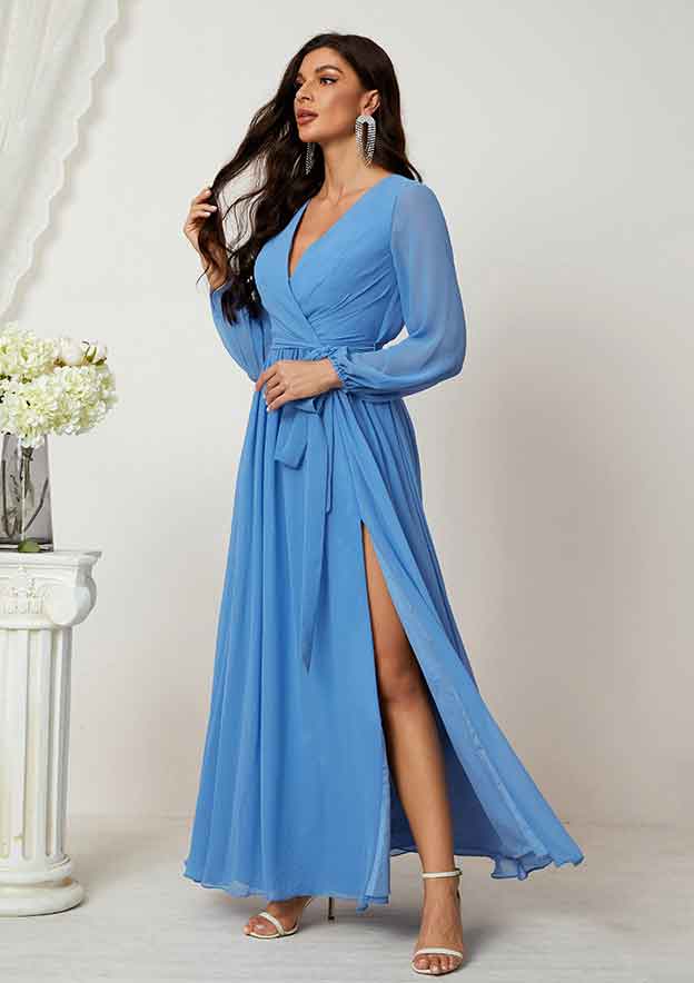 A-line V Neck Full/Long Sleeve Chiffon Long/Floor-Length Mother of the Bride Dress