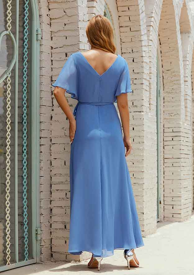 A-line V Neck Ankle-Length Chiffon Mother of the Bride Dress with Pleated Sashes, Short Sleeve