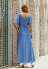 A-line V Neck Ankle-Length Chiffon Mother of the Bride Dress with Pleated Sashes, Short Sleeve