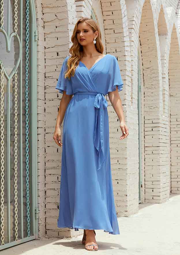 A-line V Neck Ankle-Length Chiffon Mother of the Bride Dress with Pleated Sashes, Short Sleeve