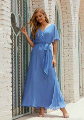 A-line V Neck Ankle-Length Chiffon Mother of the Bride Dress with Pleated Sashes, Short Sleeve