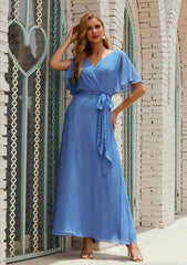 A-line V Neck Ankle-Length Chiffon Mother of the Bride Dress with Pleated Sashes, Short Sleeve