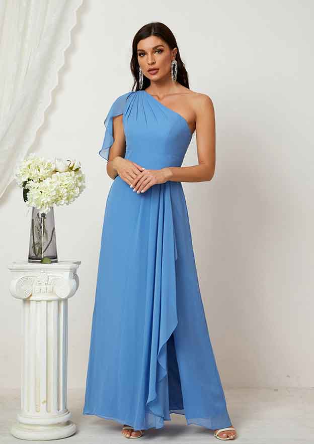 A-Line One-Shoulder Sleeveless Chiffon Long/Floor-Length Bridesmaid Dress with Pleated Split