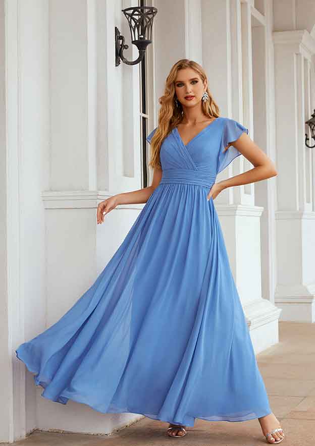 A-line V Neck Long/Floor-Length Chiffon Bridesmaid Dress with Pleated, Short Sleeve