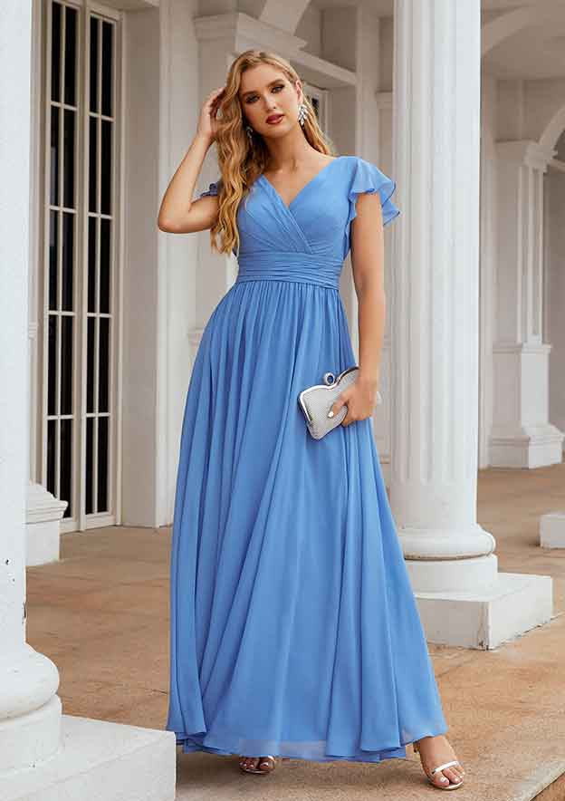 A-line V Neck Long/Floor-Length Chiffon Bridesmaid Dress with Pleated, Short Sleeve