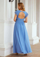 A-line V Neck Long/Floor-Length Chiffon Bridesmaid Dress with Pleated, Short Sleeve