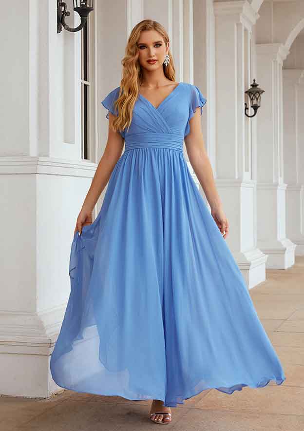 A-line V Neck Long/Floor-Length Chiffon Bridesmaid Dress with Pleated, Short Sleeve