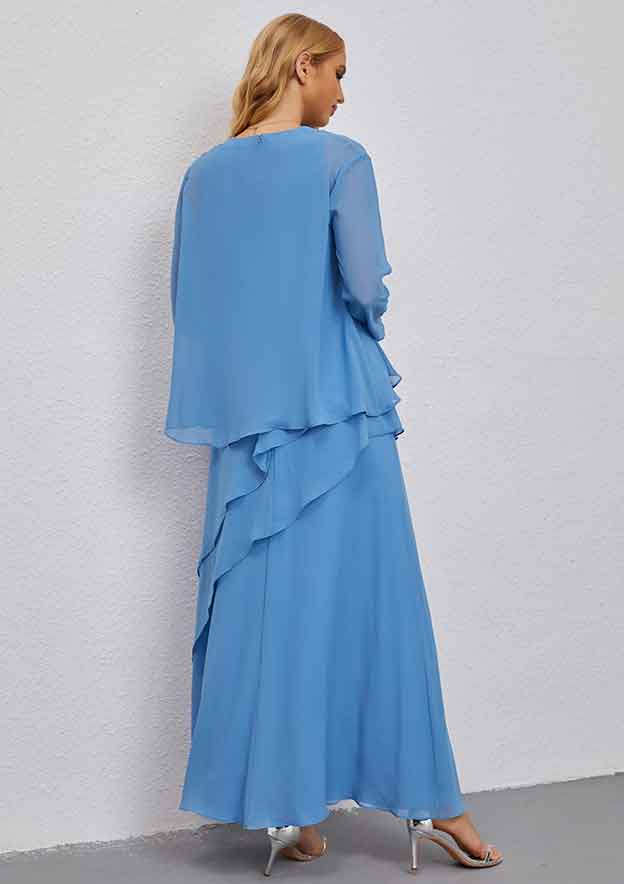 A-line Scoop Neck Long/Floor-Length Chiffon Mother of the Bride Dress with Ruffles Jacket