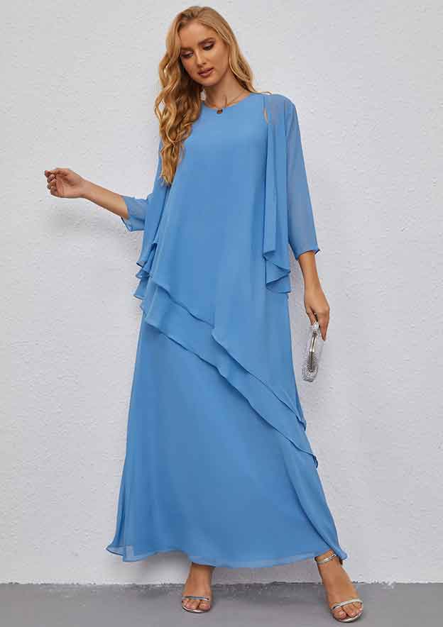 A-line Scoop Neck Long/Floor-Length Chiffon Mother of the Bride Dress with Ruffles Jacket