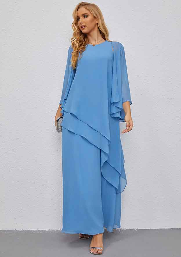 A-line Scoop Neck Long/Floor-Length Chiffon Mother of the Bride Dress with Ruffles Jacket