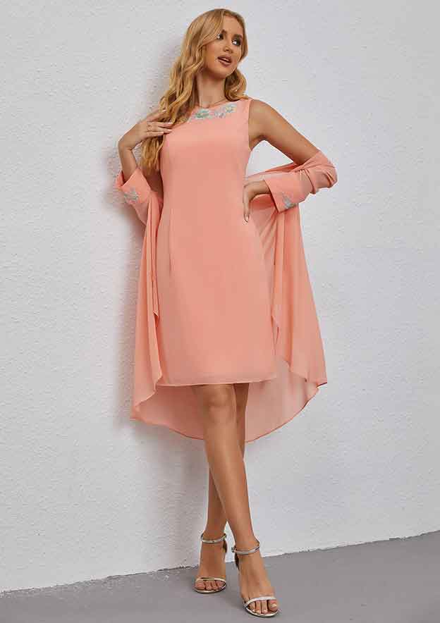 A-line Scoop Neck Chiffon Knee-Length Mother of the Bride Dress with Embroidery and Long Sleeves Jacket