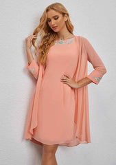 A-line Scoop Neck Chiffon Knee-Length Mother of the Bride Dress with Embroidery and Long Sleeves Jacket