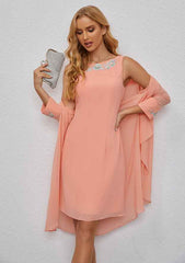 A-line Scoop Neck Chiffon Knee-Length Mother of the Bride Dress with Embroidery and Long Sleeves Jacket