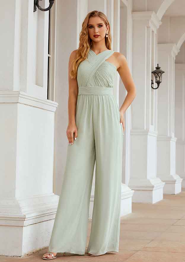 Wedding Party Dress Jumpsuit/Pantsuit Halter Sleeveless Chiffon Long/Floor-Length with Pleated