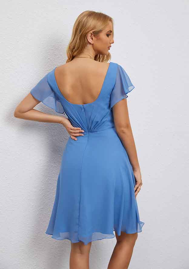 Wedding Party Dress A-line V Neck Knee-Length Chiffon with Pleated, Short Flutter Sleeves