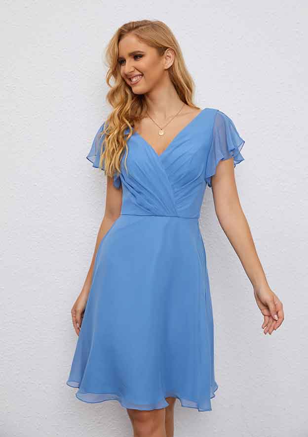 Wedding Party Dress A-line V Neck Knee-Length Chiffon with Pleated, Short Flutter Sleeves