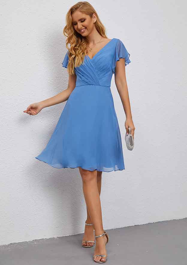 Wedding Party Dress A-line V Neck Knee-Length Chiffon with Pleated, Short Flutter Sleeves