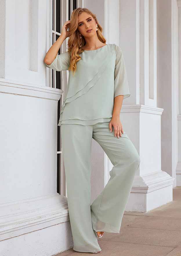 Long Chiffon Mother of the Bride Dress with Cascading Ruffles, 3/4 Sleeve Jumpsuit/Pantsuit