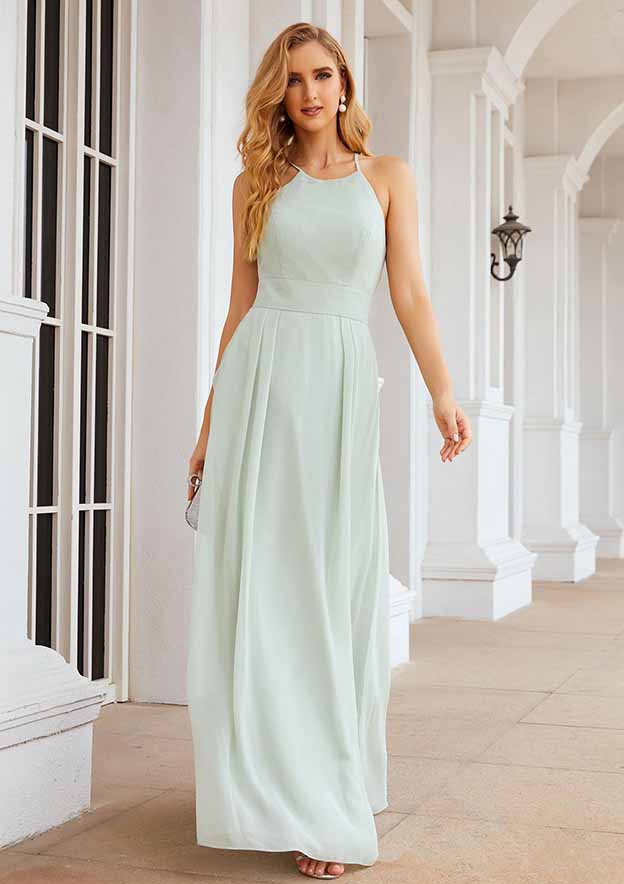 A-Line Scoop Neck Sleeveless Floor-Length Chiffon Bridesmaid Dress with Pleats and Pockets