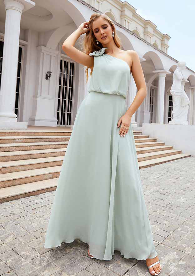 A-Line One-Shoulder Sleeveless Floor-Length Chiffon Bridesmaid Dress with Shoulder Flower